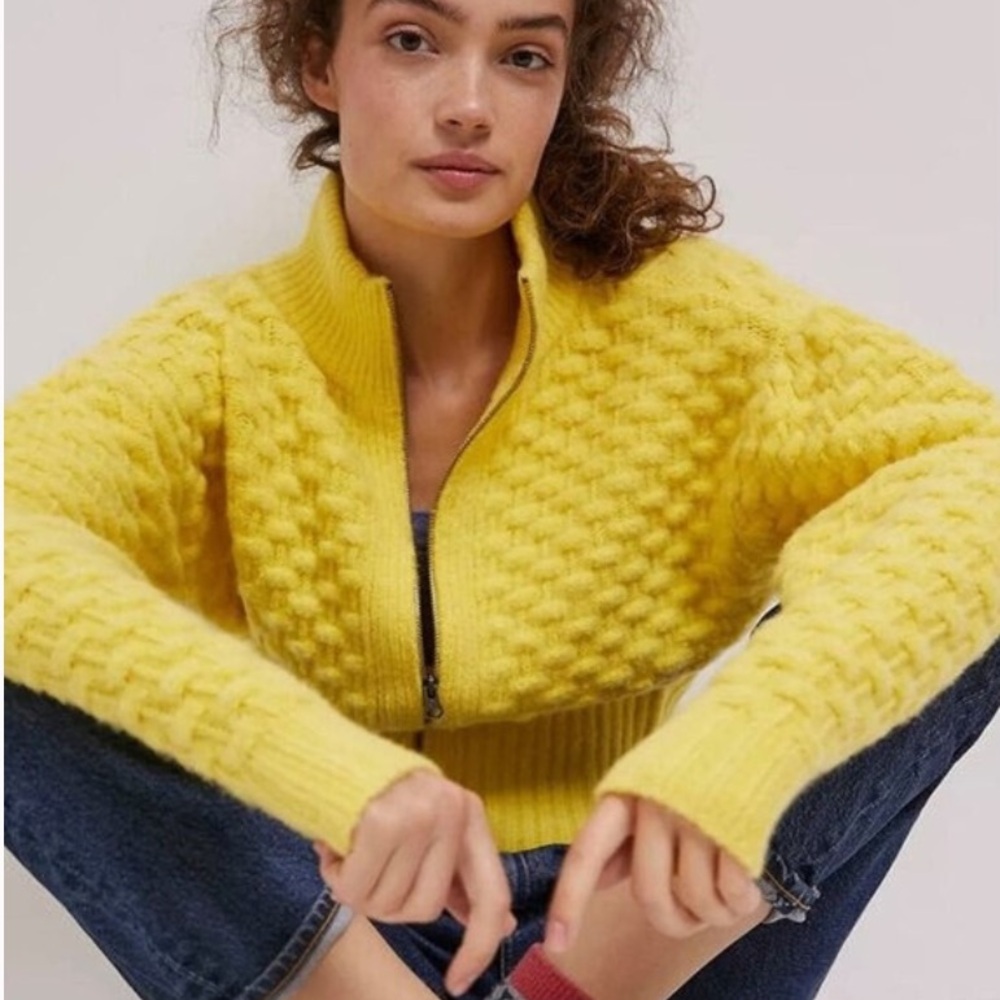 Anthro Butter Yellow Textured Puff Sleeve Sweater